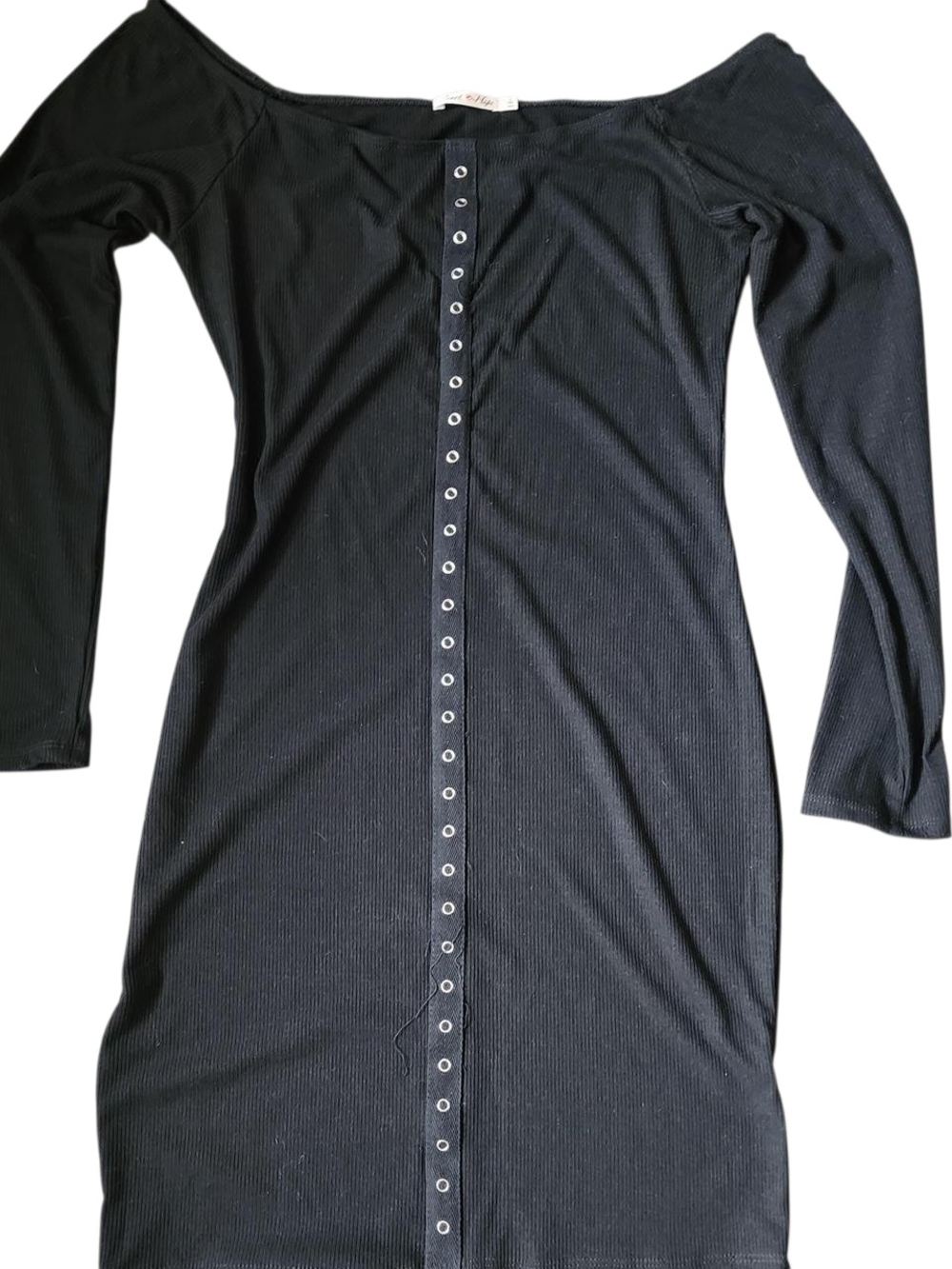Off-Shoulder Black Long Sleeve Ribbed Button-Front Dress
